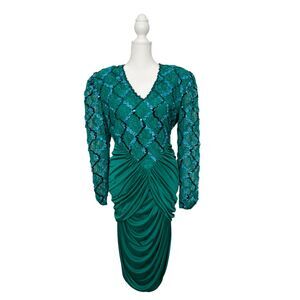 VTG 1980s Formal Prom Ruched Sequin Teal Ribbon Long Sleeve Mermaid Tube Dress
